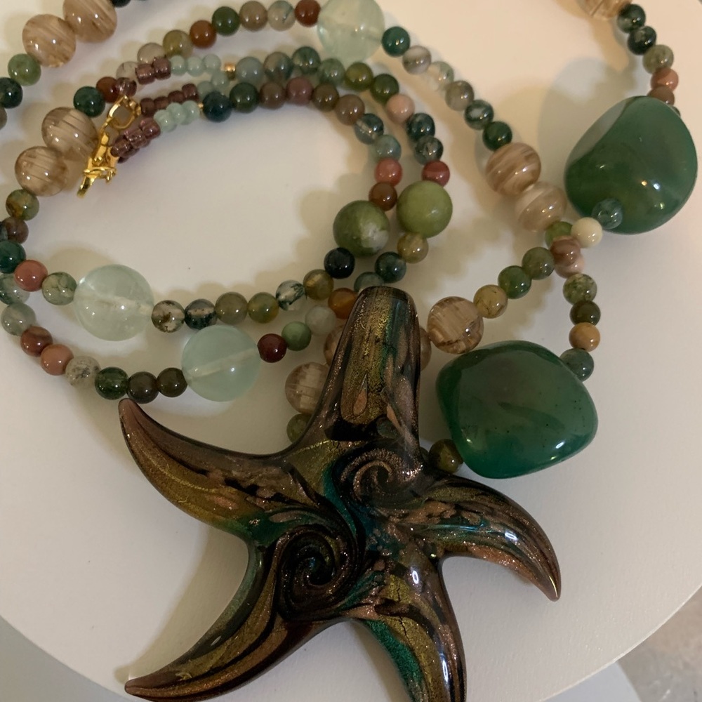 OOAK Murano Starfish w/Vintage Jade Jasper Agate Sea Glass Necklace - Picture 12 of 16
